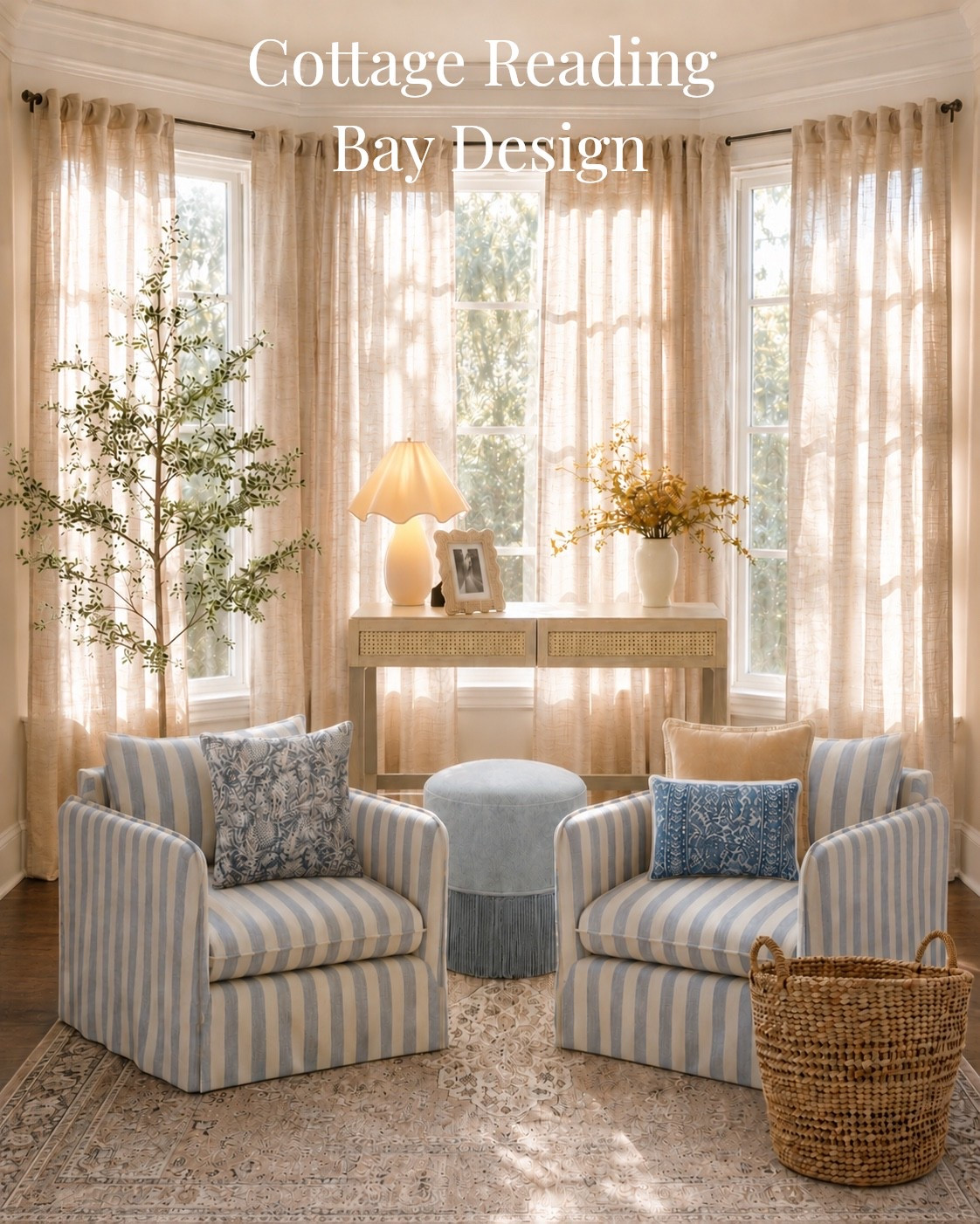 A soft blue cottage-inspired sitting room design using Target finds — but styled with a designer eye.

I pulled together striped chairs, semi-sheer curtains, woven textures, a soft patterned rug, a skirted ottoman, and warm neutral accents to create a collected bay window moment that feels custom without the custom price tag.

Target has a great selection for designers to create beautiful spaces at an affordable budget.

Shop the full design here.

#LTKHome #TargetHome #BudgetHomeDecor #CottageStyle #DesignerLookForLess

#LTKHome