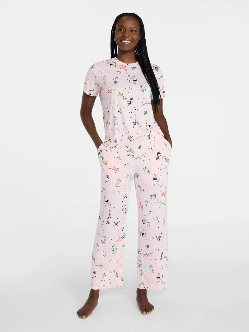 Joyspun Women's Dreamy Soft Collection Short Sleeve Sleep Top and Open Leg Pants Pajama Set, 2-Pi... | Walmart (US)