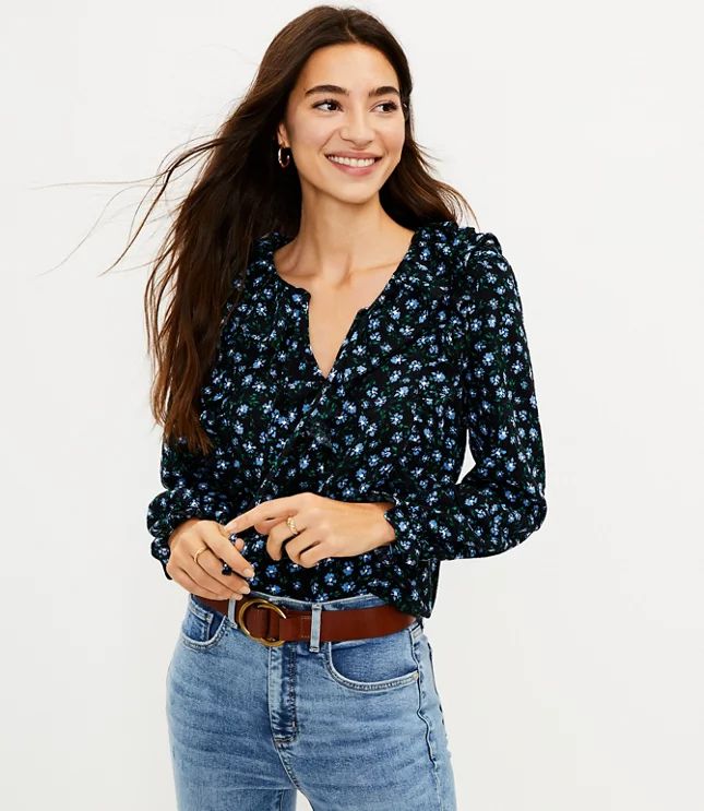 Floral Ruffle Tie Neck Blouse | LOFT