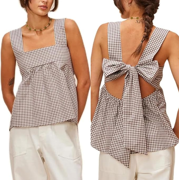 KOSUSANILL Y2k Gingham Tank Top Women Sleeveless Backless Square Neck Ruffle Peplum Babydoll Cami... | Amazon (US)
