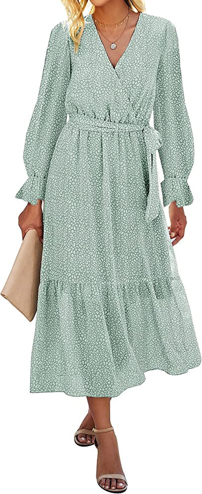 BTFBM Women's Casual Party Dresses 2023 Long Sleeve Wrap V Neck Swiss Dot Leopard Boho Swing A-Li... | Amazon (US)