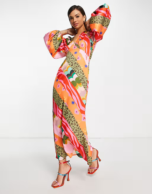 Never Fully Dressed volume sleeve panel midi dress in contrast prints | ASOS (Global)