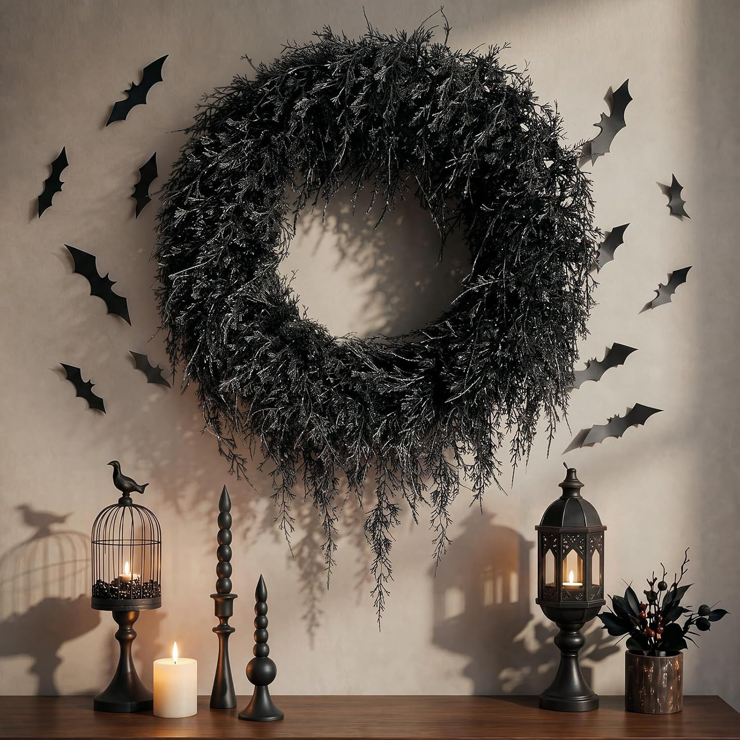 Yunlly Artificial Halloween Wreath for Front Door, Fall Faux Wreath Decorations Green Artificial Branches for Indoor Wall, Windows, Outdoor Porch Halloween Party Home Decor | Amazon (US)