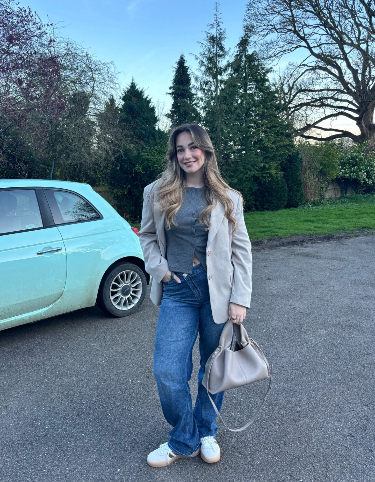 Pull and bear, Asos, Hollister, Adidas, Schuh, Polene, Vestiaire collective, Charles and keith, Poshmark, transitional outfit, transitional style, spring outfit, spring fashion, oversized blazer, beige blazer, grey vest, button top, dad jeans, baggy jeans, Adidas trainers, Polene bag, beige leather bag, spring outfit ideas, style inspiration 

#LTKstyletip #LTKeurope #LTKSeasonal