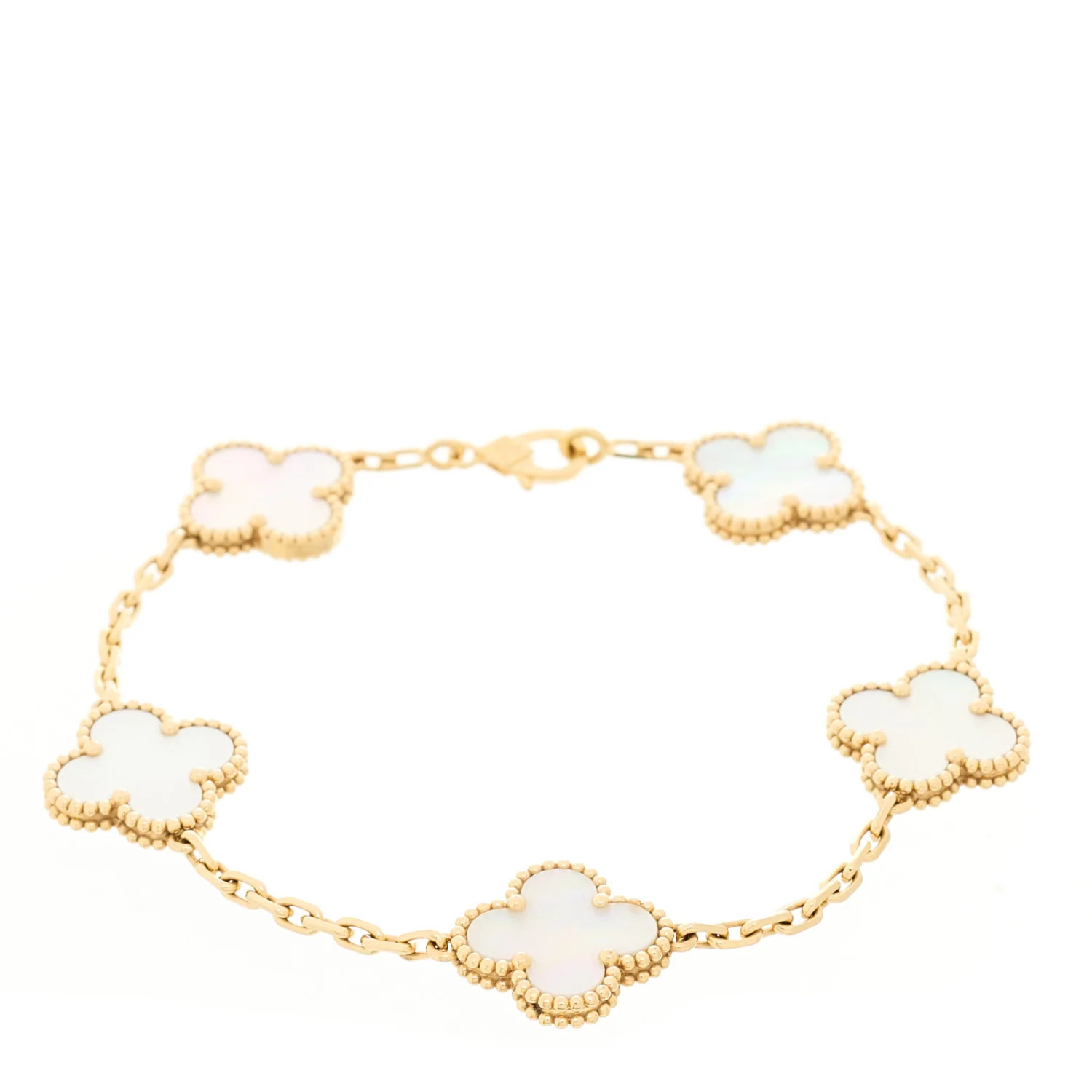 18K Yellow Gold Mother of Pearl 5 Motifs Vintage Alhambra Bracelet | FASHIONPHILE (US)