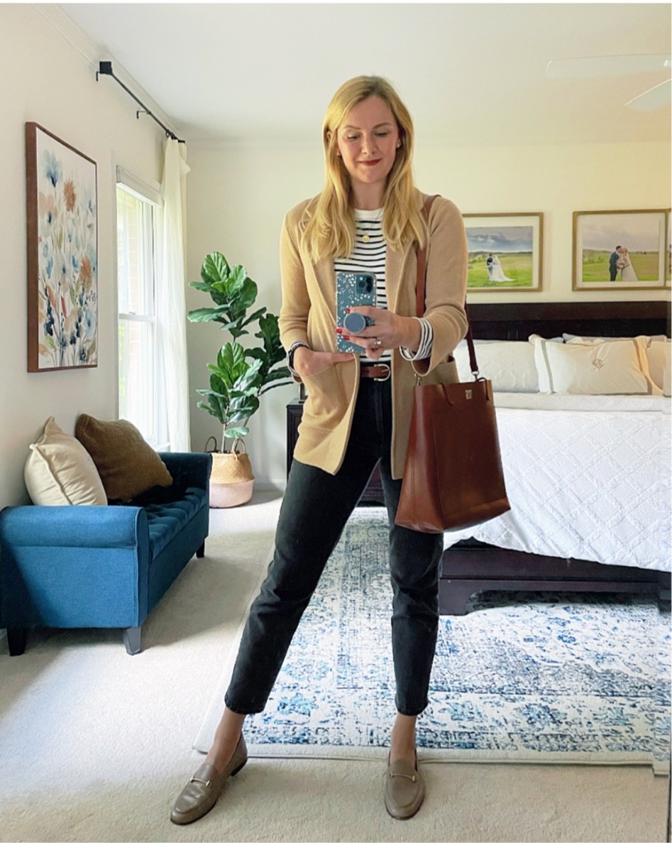 Sweater blazer on sale rn!

styled for work with High waisted washed black jeans, a long sleeve striped tee, a leather tote, belt and loafers



#LTKsalealert #LTKSeasonal