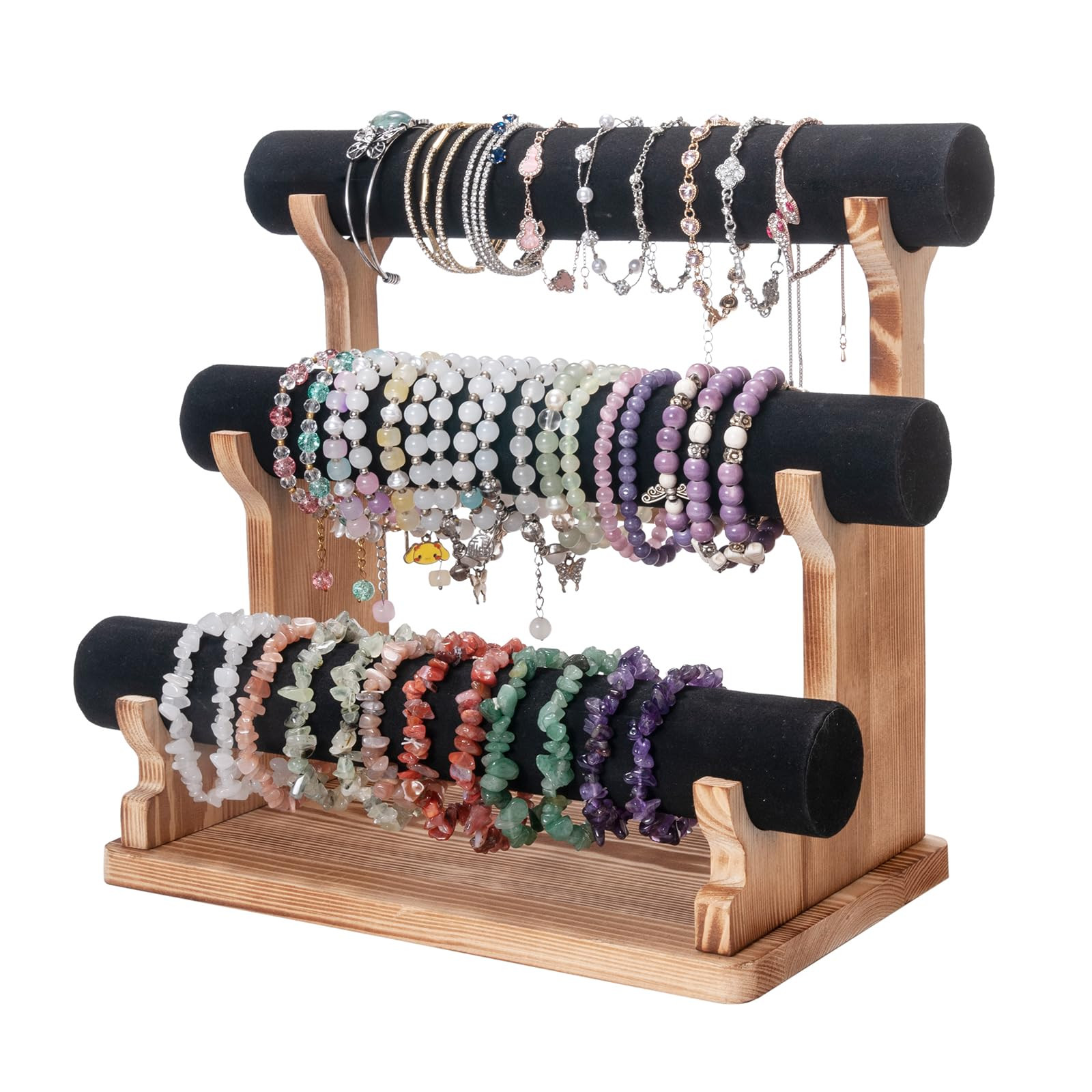 Velvet Bracelet Holder, 3 Tier Bracelet Organizer Display Holder for Women, Wooden Watch Holder S... | Amazon (US)