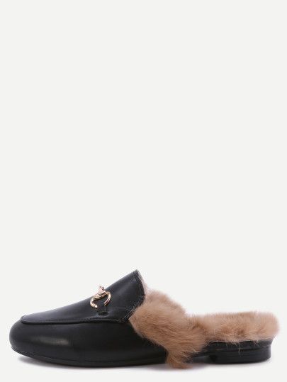 Black Faux Leather Fur Lined Slippers | SHEIN