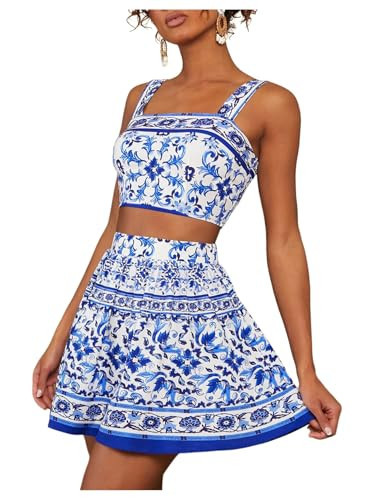 Floerns Women's 2 Piece Outfit Floral Print Crop Cami Top with Mini Skirt Set Blue and White X-Small | Amazon (US)