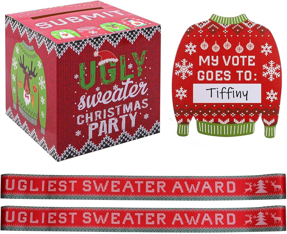 Cooraby Ugly Sweater Contest Ballot Box and 60 Voting Cards, 2 Pieces Sweater Award Sashes for Xm... | Amazon (US)