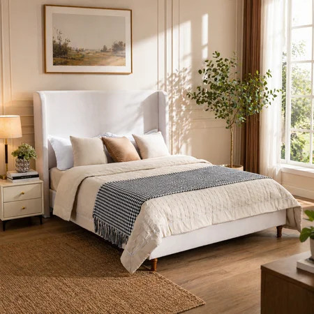 Miniyam King Size Upholstered Platform Bed Frame with Wingback 54 in. Headboard, Ivory | Walmart (US)