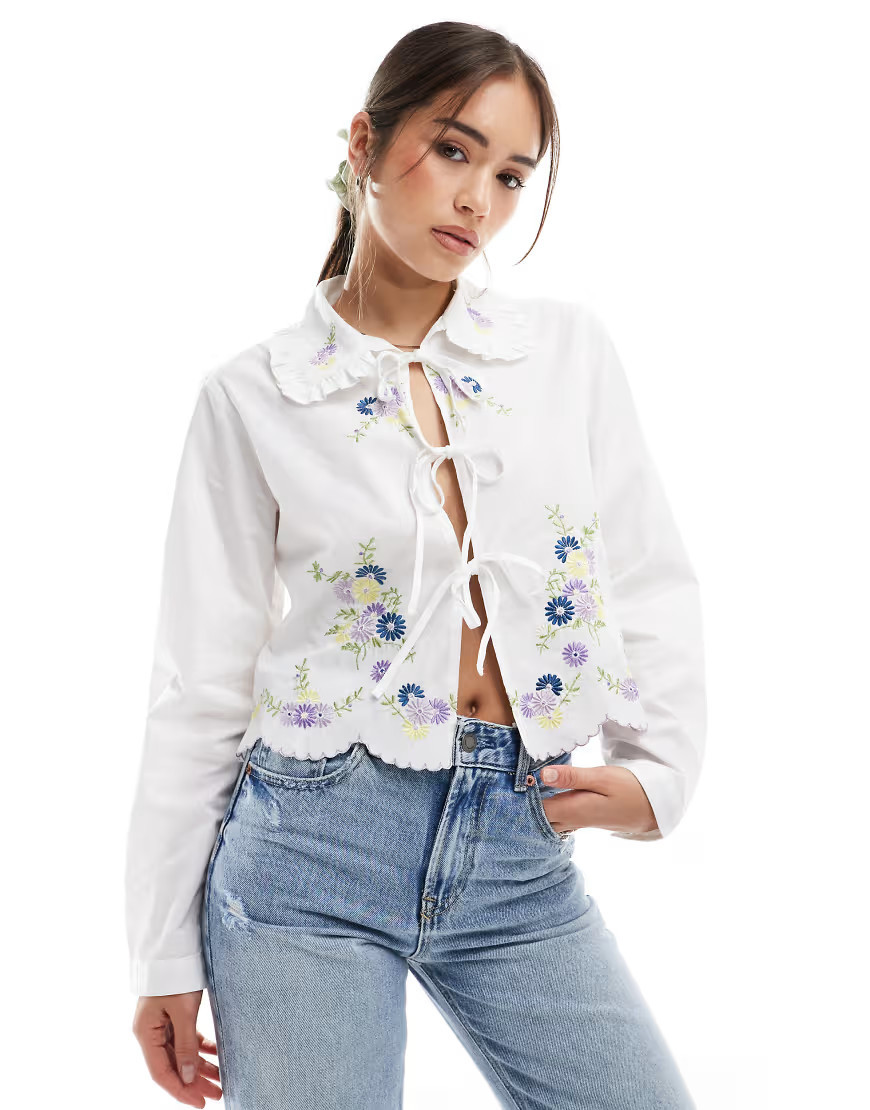 Object tie front shirt with floral embroidery in white | ASOS (Global)
