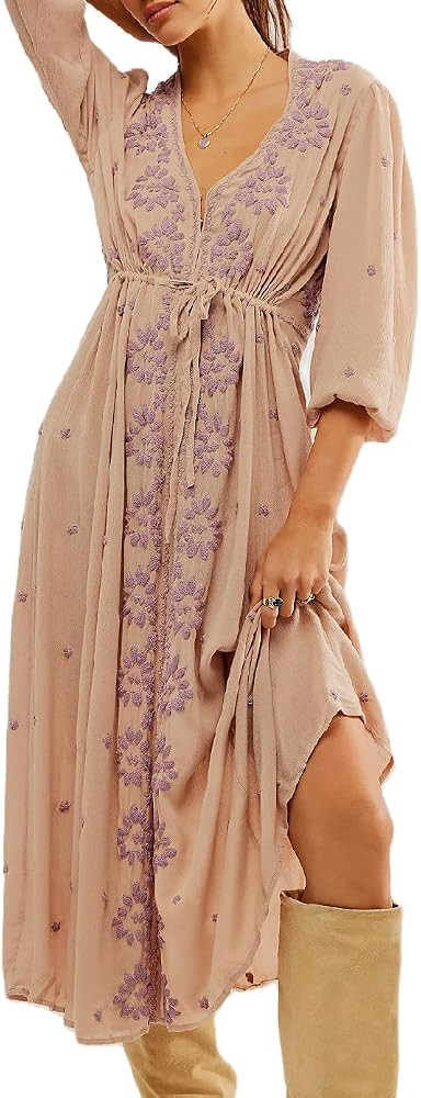 Women Boho Flowy Maxi Dress Floral Embroidered Puff Sleeve Long Dress Drawstring Deep V Neck Vaca... | Amazon (US)