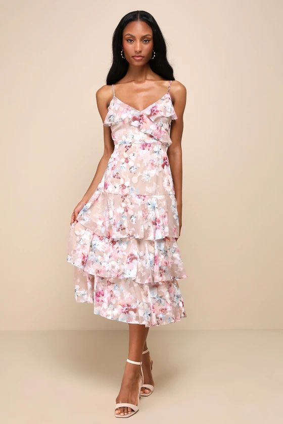 Instinctively Darling Tan Floral Burnout Ruffled Midi Dress | Lulus