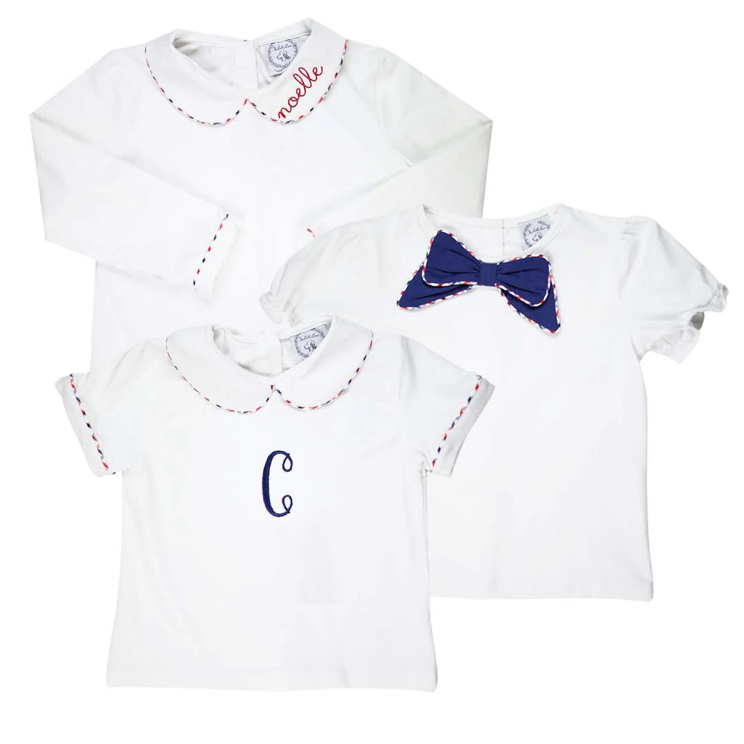 Navy/Red Windowpane Trim Peter Pan White Knit Shirt | The Bella Bean