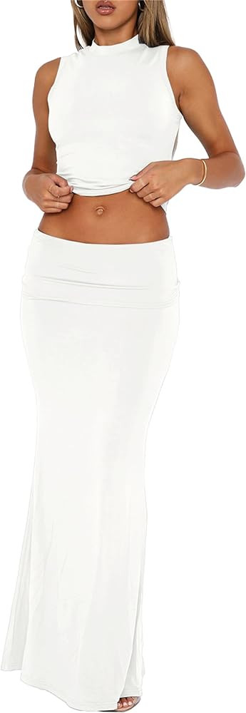 Skirt Sets Women 2 Piece Outfits - Sexy Two Pc Sleeveless Tank Crop Top Fold Over Maxi Long Skirt... | Amazon (US)