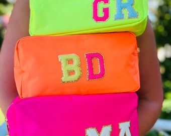 Neon initial cosmetic bag custom pouch custom cosmetic bag initial pouch beach pouch neon pink ba... | Etsy (US)
