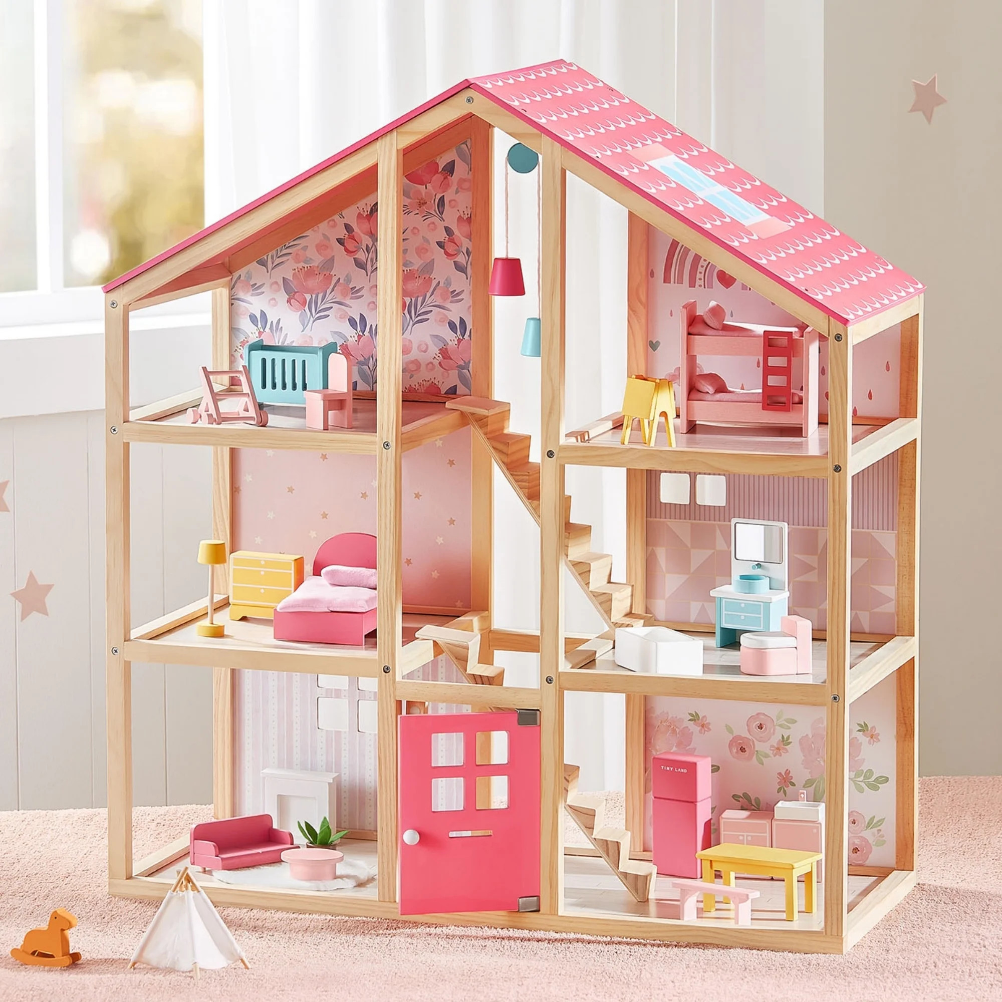 Tiny Land Wooden Dollhouse for Girls - 6 Rooms, 30pcs Furniture, DIY Pretend Play House, Gift for... | Walmart (US)