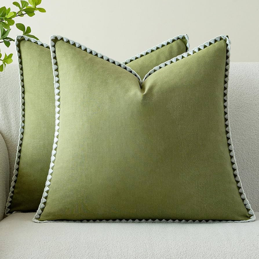 Pack of 2 Decorative Linen Euro Sham Throw Pillow Covers 24x24 Olive Green | Amazon (US)
