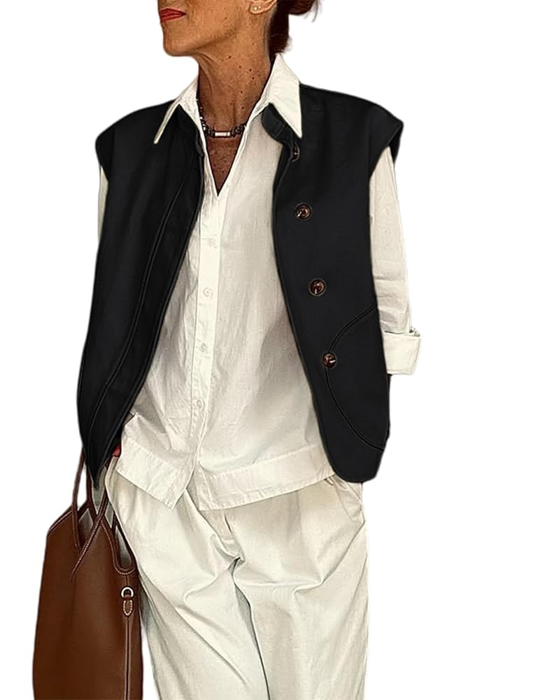 Watashi Women Vest Casual Button Up Stand Collar Lightweight Waistcoat Sleeveless Jacket Cardigan | Amazon (US)