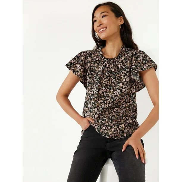 Time and Tru Women's Flutter Sleeve Blouse, Sizes XS-XXXL | Walmart (US)