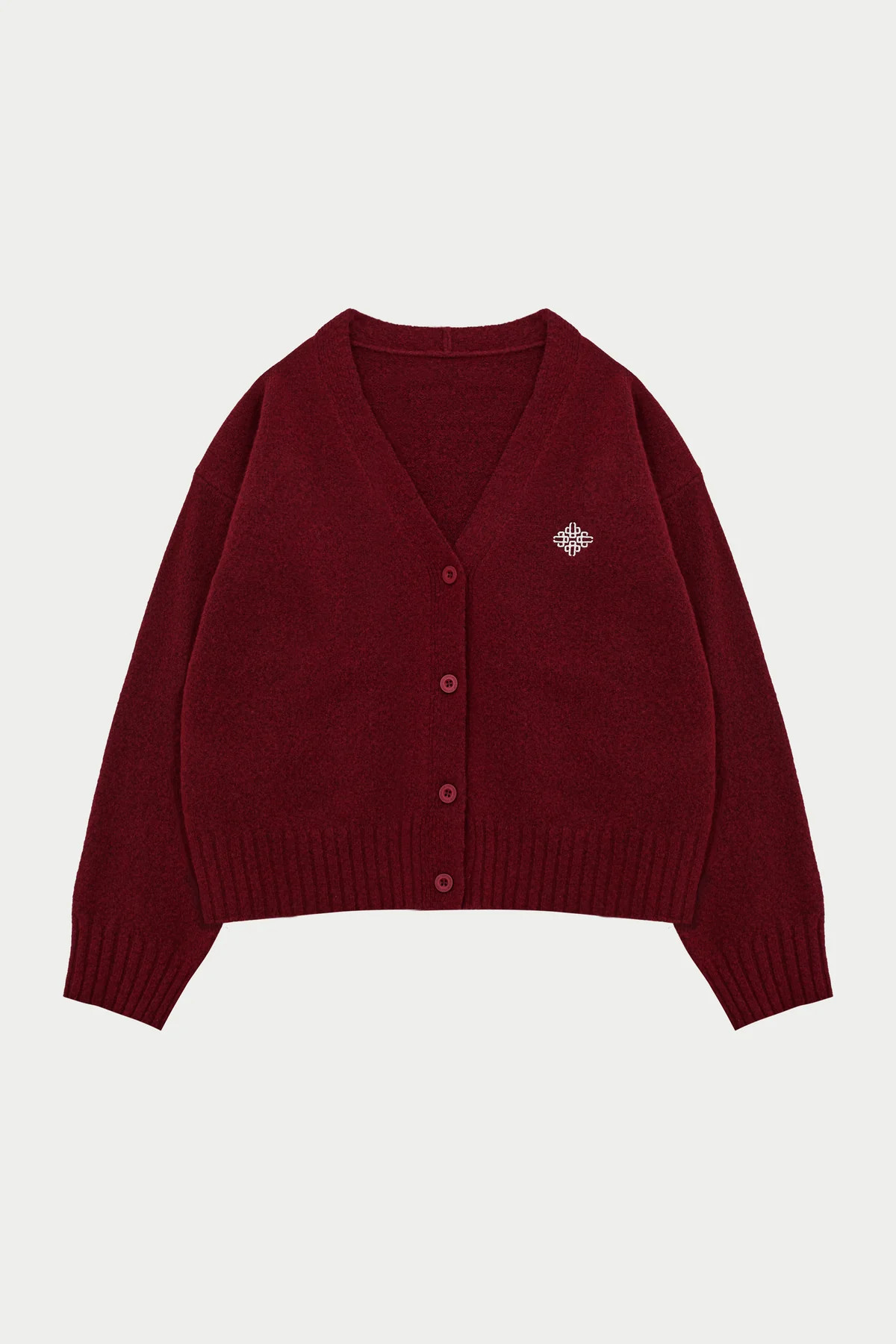 FLUFFY KNIT EMBLEM EMBROIDERED CARDIGAN - BURGUNDY | The Couture Club