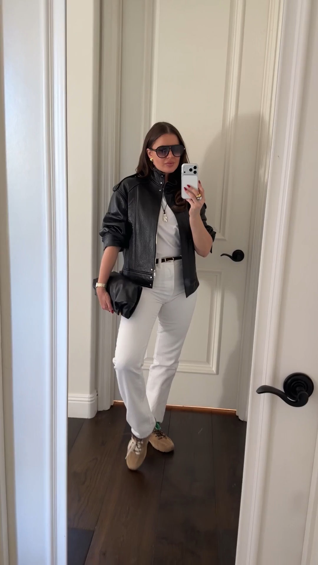 Styling this @Zara black leather bomber jacket with white denim and brown suede sneakers. Jeans are running small. Size up for the best fit! (Wearing size 6 Zara jeans and size XS jacket) 
#sneakers #suede #brown #black #leather #bomber #jacket #miumiu #newbalance #revolve #zara #straightleg #jeans #aviators #LTKCyberWeek#LTKFindsUnder50 #LTKFindsUnder100

#LTKSeasonal #LTKSaleAlert #LTKootd #LTKgrwm #LTKWorkwear