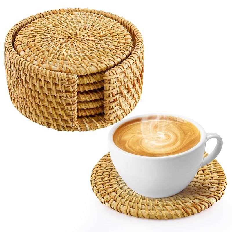 6pcs Handmade Rattan Coasters with Holder, Natural Wicker Boho Coasters Set, Heat-resistant Drink... | Amazon (US)