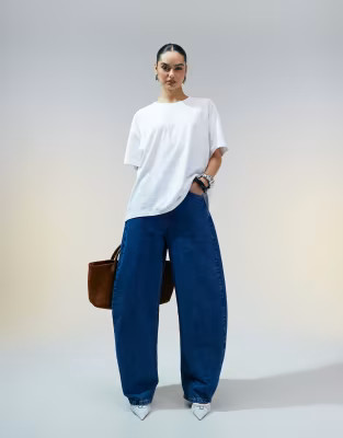ASOS DESIGN high waisted barrel leg jeans in mid blue | ASOS (Global)