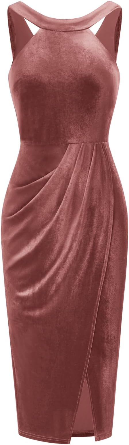 GRACE KARIN Women's Halter Neck Sleeveless Ruched Bodycon Slit Velvet Wrap Party Cocktail Midi Dr... | Amazon (US)