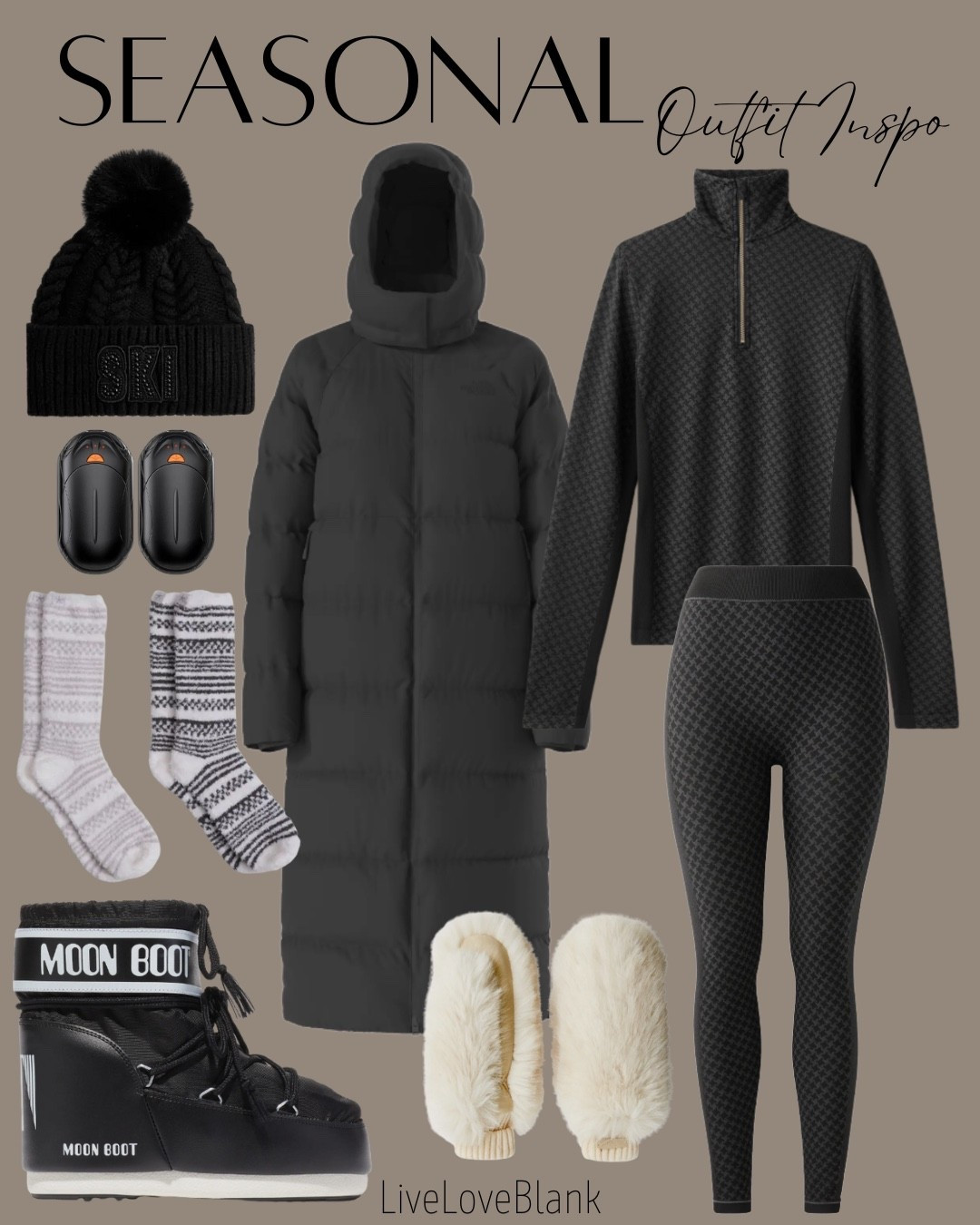 Seasonal outfit inspo
Leggings set 
Full length parka 
Mittens snow boots hat hand warmers socks 

#LTKU #LTKootd #LTKOver40