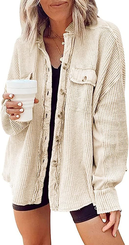 Nirovien Womens Waffle Knit Shirt Jacket Oversized Button Down Shacket Batwing Sleeve Tops with Pock | Amazon (US)