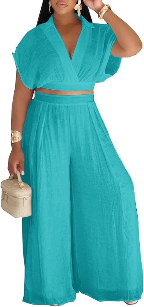 KEYUFANG Women's Summer 2 Piece Outfits Wrap V Neck Crop Top and Wide Leg Pants Sets Casual Vacat... | Amazon (US)