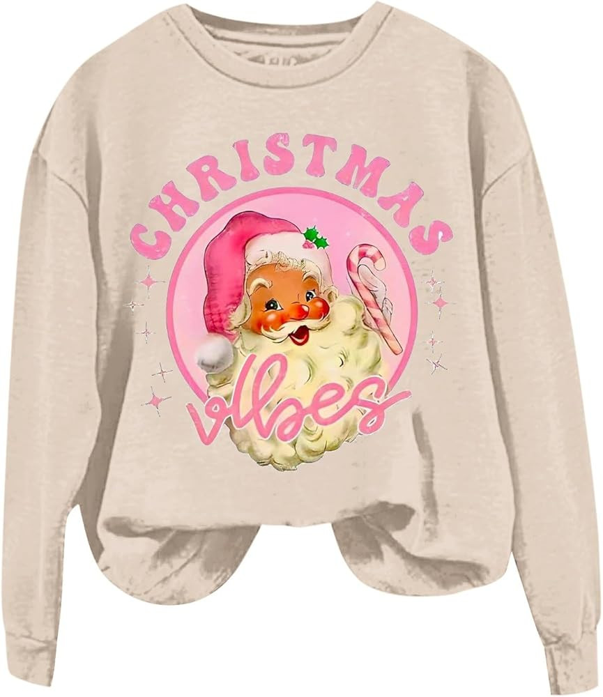 Women Christmas Santa Sweatshirt Vintage Pink Holiday Sweater Cute Santa Claus Graphic Crewneck P... | Amazon (US)