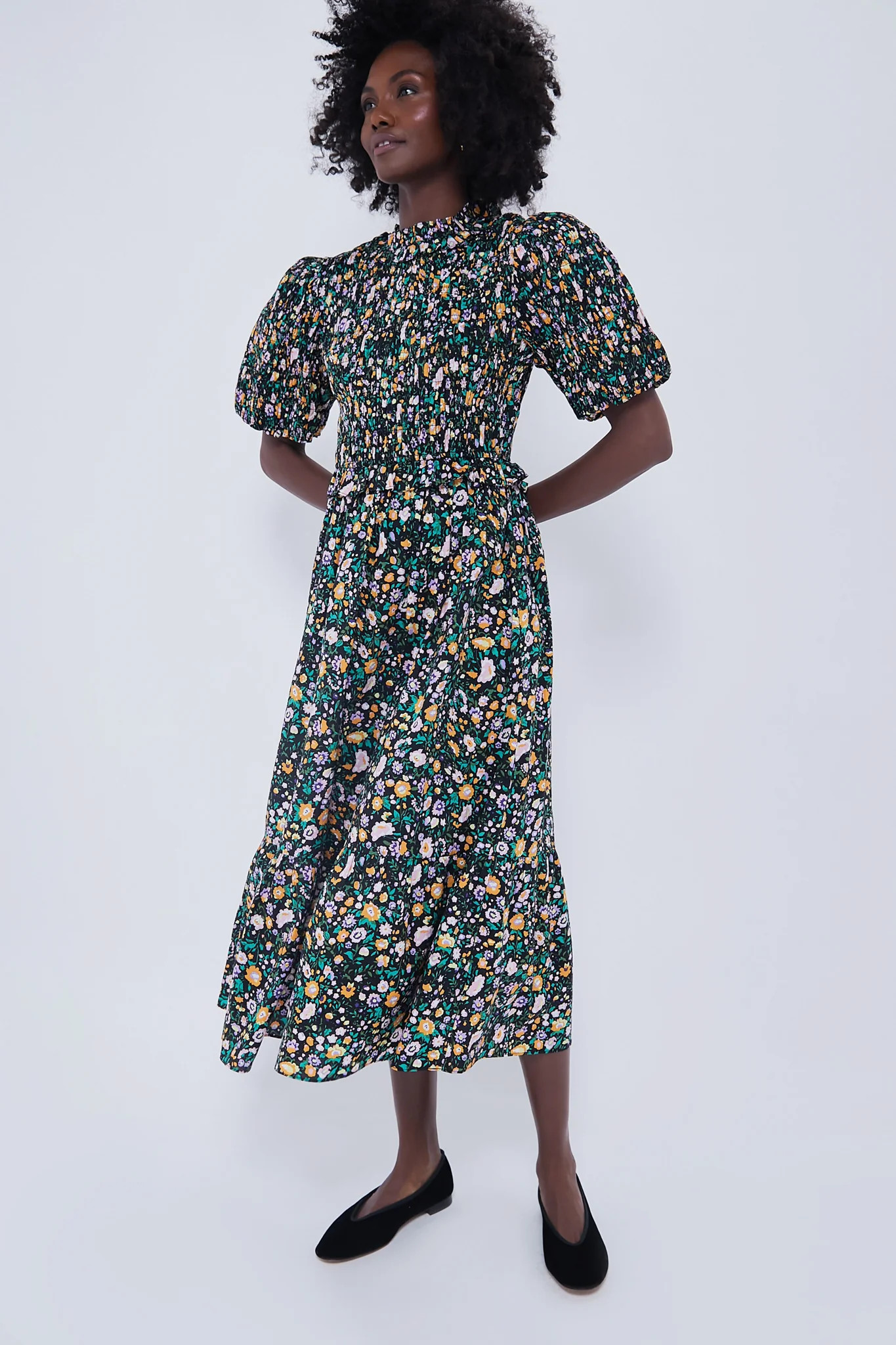 Black Multi Floral Smocked Samantha Midi Dress | Tuckernuck (US)