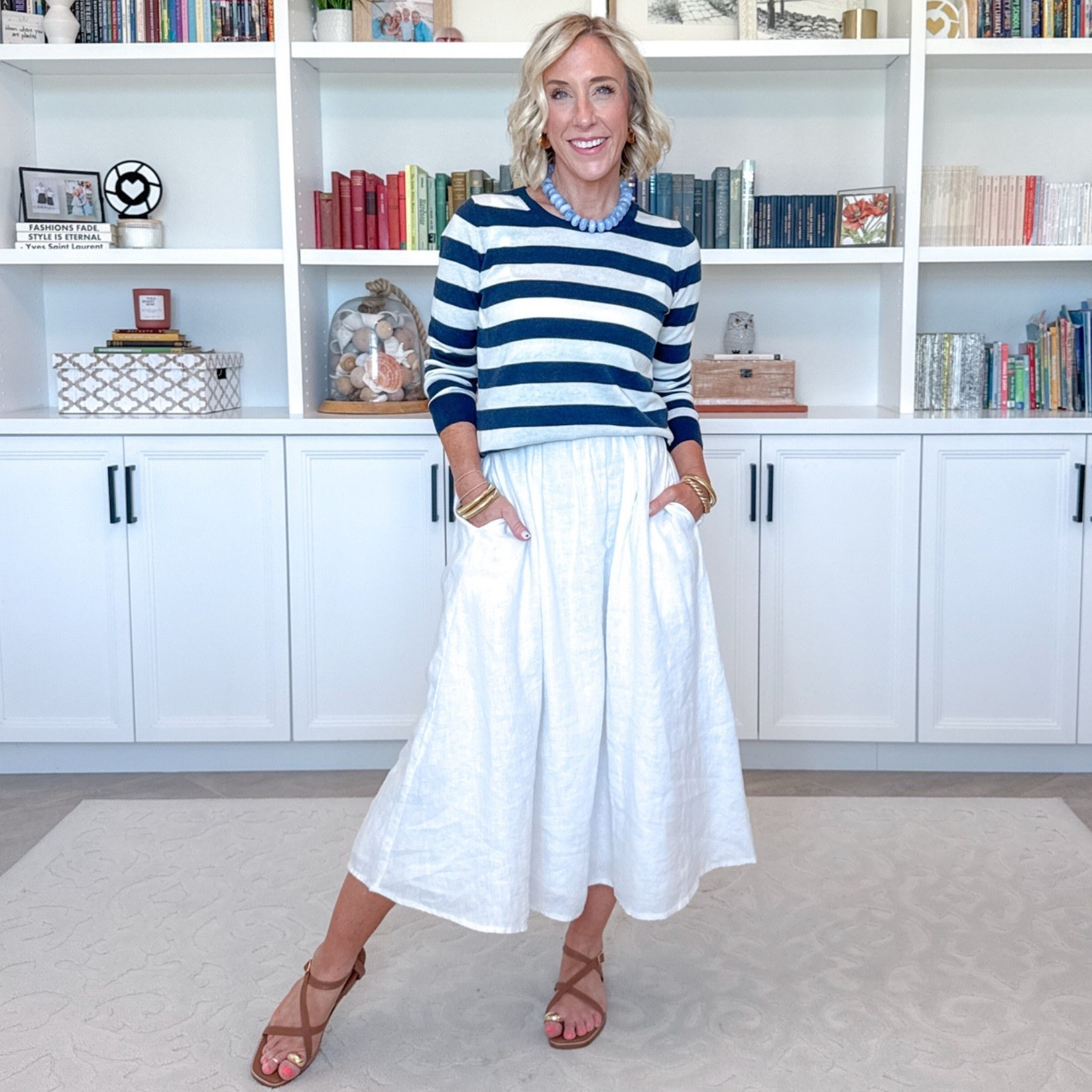 One White Dress - 6-ish ways to wear it: * 100% European Linen Fit & Flare Midi Dress - size XS. 11 colors. Striped Lightweight Sweater (over shoulders AND on) - size Small. 36 colors.

#LTKSeasonal #LTKOver40 #LTKTravel
