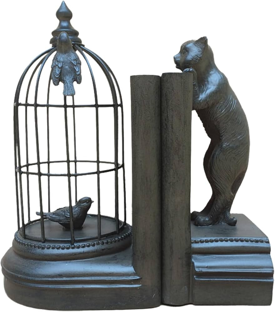 Rustic Resin Book Ends - Cat and Birdcage Heavy Book Organizer for Shelves - Office Decor Book Ho... | Amazon (US)