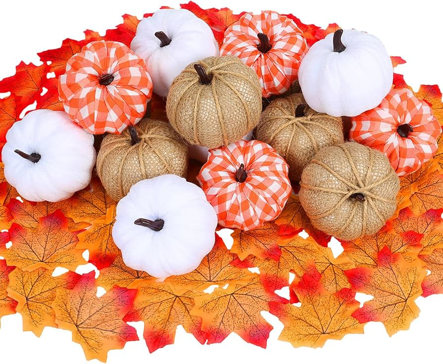 Maidprin 12pcs Assorted Fake Pumpkins with 50pcs Maple Leaves Artificial Farmhouse Harvest Pumpki... | Amazon (US)