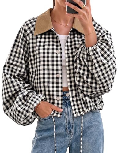 UANEO Women's Cropped Jacket Gingham Plaid Corduroy Collar Bomber Jacket | Amazon (US)
