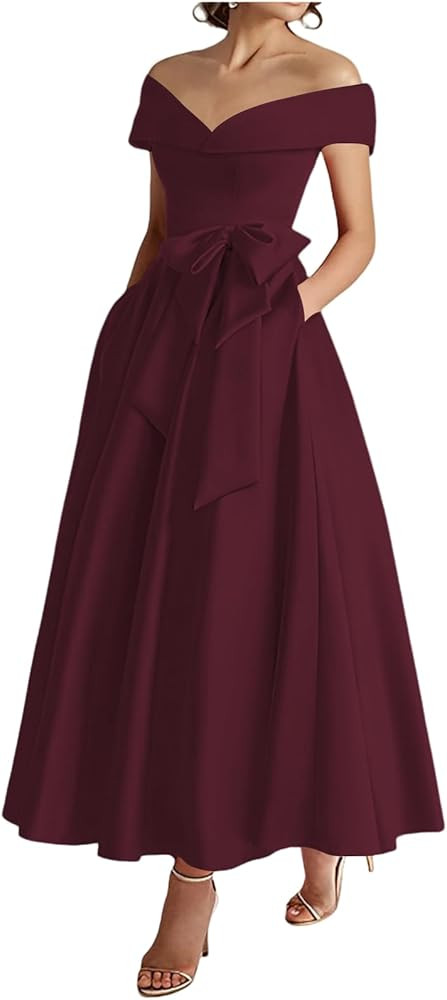 Women's Off The Shoulder Satin Mother of The Bride Dress with Bow Tea Length Formal Gowns Evening... | Amazon (US)