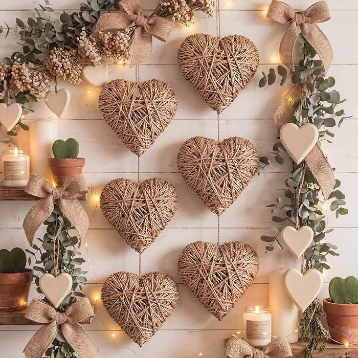 Yuntau 2 Piece 24" Large Rustic Rattan Heart Wall Decor, Valentine's Day Vintage Hanging Ornament... | Amazon (US)