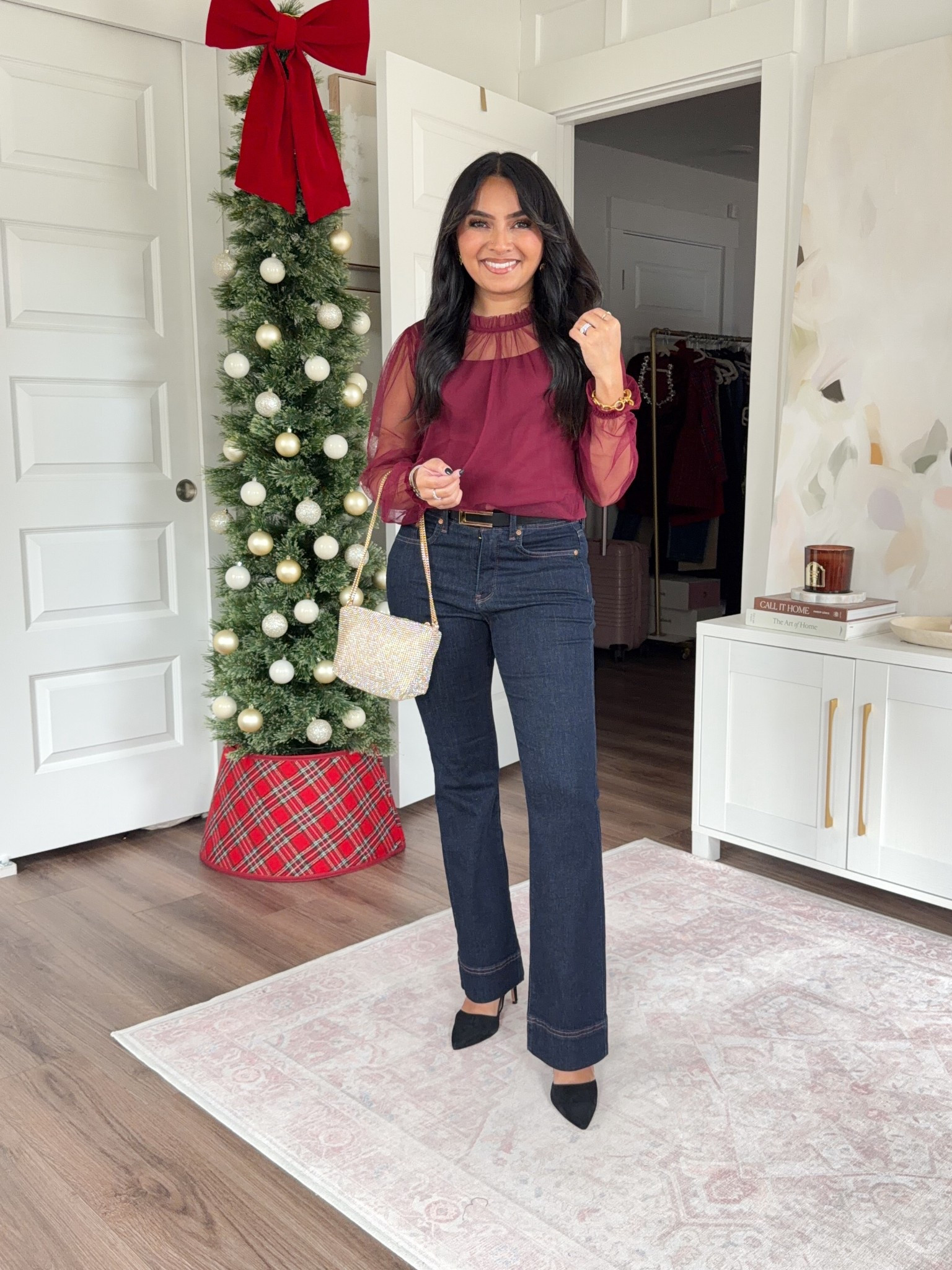 Vintage burgundy tulle top size xxs regular TTS
Bootcut jeans size 0 petite - I size down a size in this brand
Black heels size 5 TTS


#LTKSaleAlert #LTKPetite #LTKHoliday