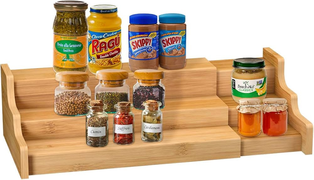 Spice Rack Kitchen Cabinet Organizer- 3 Tier Bamboo Expandable Display Shelf | Amazon (US)