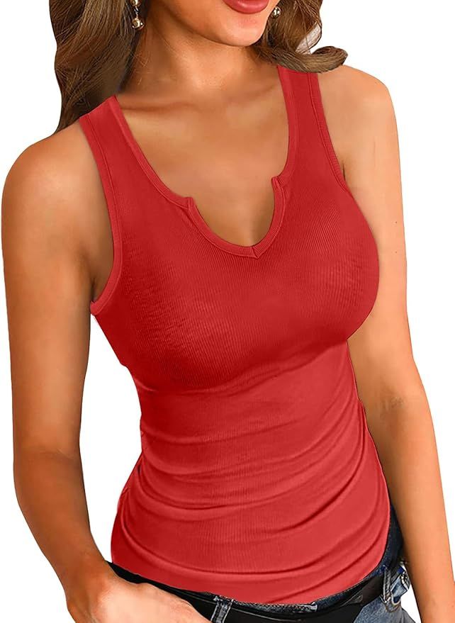 VICHYIE Tank Tops for Women Summer Sleeveless Shirts Ribbed Slim Fitted Tops | Amazon (US)