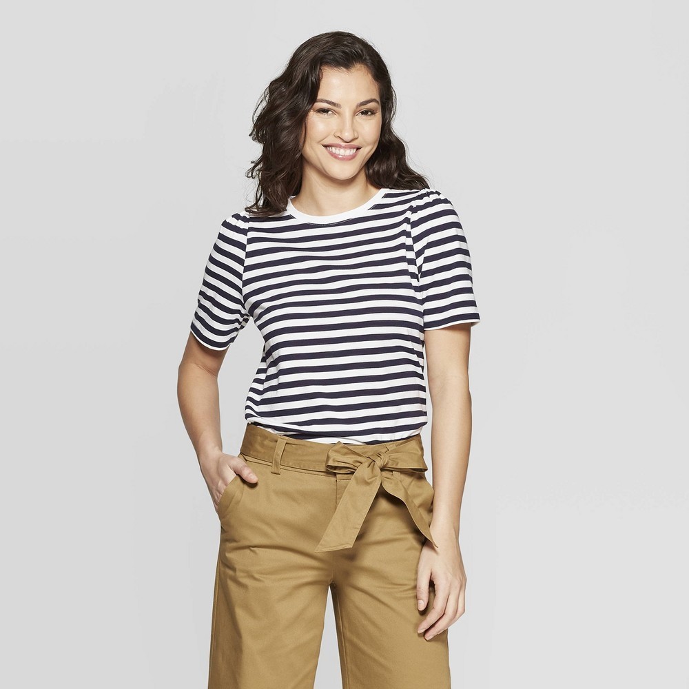 Women's Striped Elbow Length Puff Sleeve Crewneck T-Shirt - A New Day Navy/White XS, Blue/White | Target