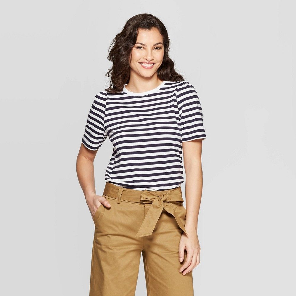 Women's Striped Elbow Length Puff Sleeve Crewneck T-Shirt - A New Day Navy/White XS, Blue/White | Target