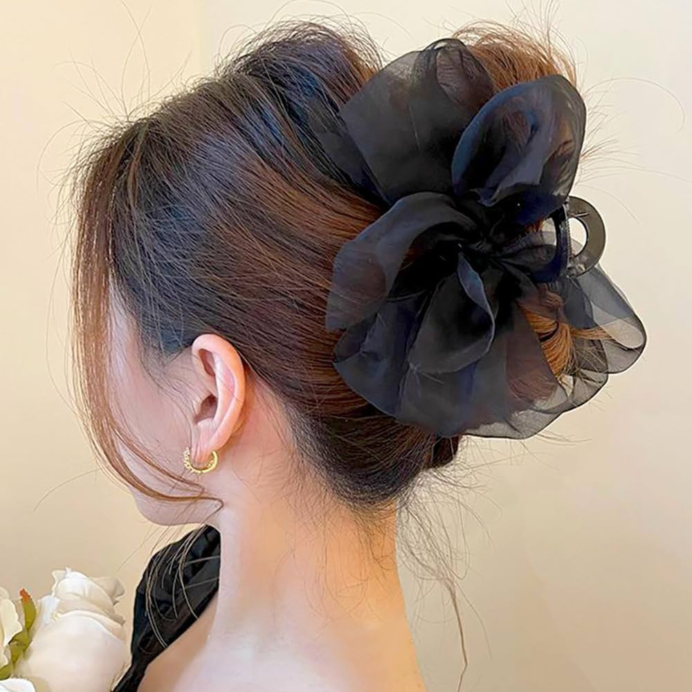 Black Mesh Tulle Bowknot Hair Claw Clip Big Bow Hair Clips for Women Large Claw Clips for Thick H... | Amazon (US)
