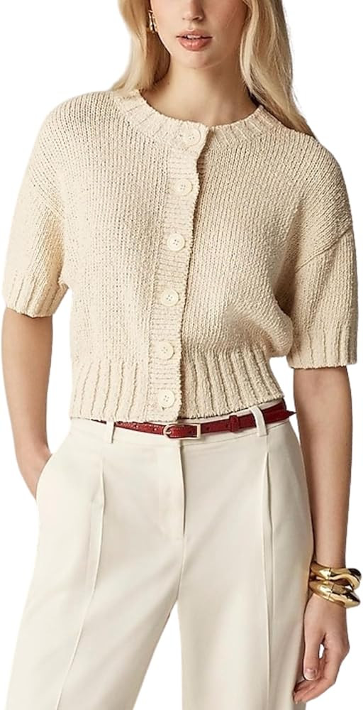 Womens 2025 Lightweight Cardigan Short Sleeve Knit Button Down Cropped Pullover Ribbled Sweater | Amazon (US)