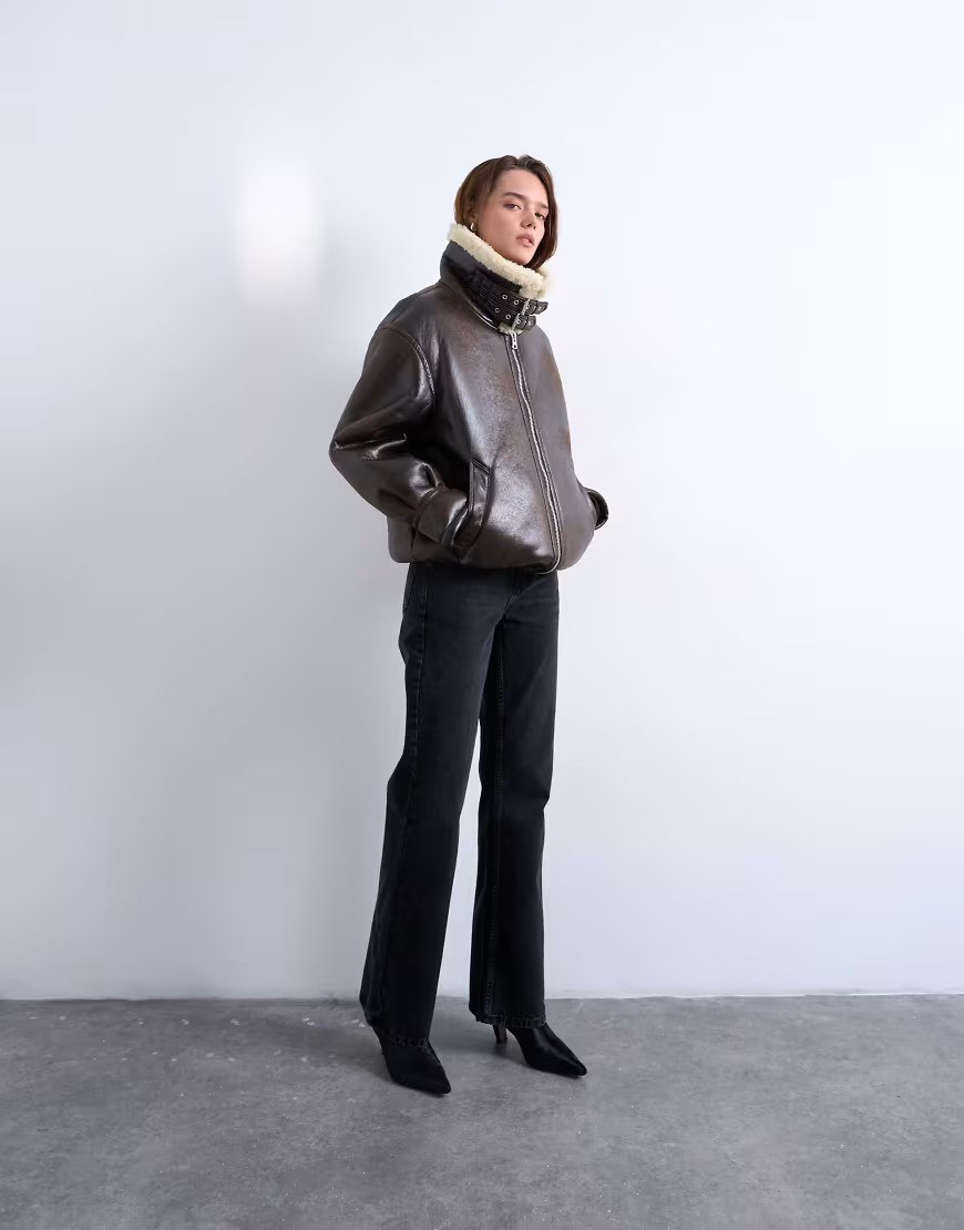 Topshop oversized funnel tab detail shearling bomber in brown | ASOS (Global)