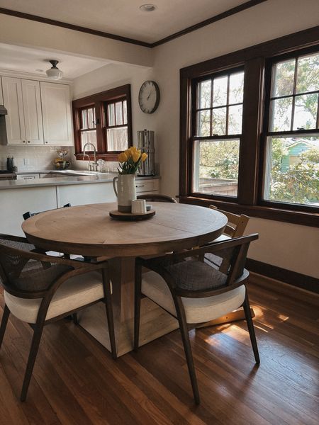 extending round dining room table. Brown dining room table chairs. 
//
Arhaus
Pottery Barn
Home Style 
Kitchen Style 

#LTKfamily #LTKhome #LTKbaby